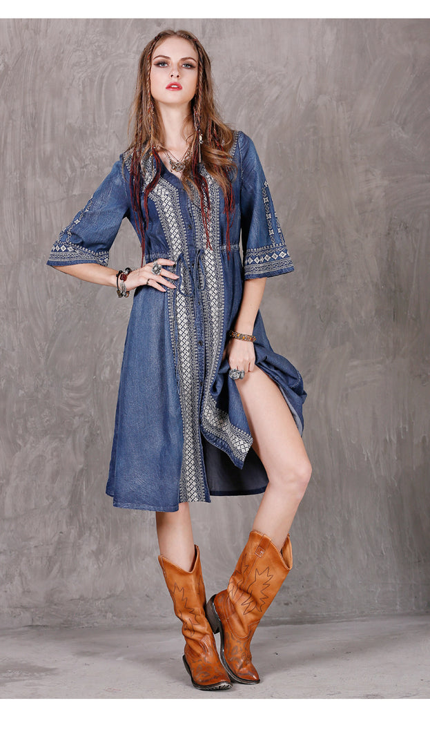 New Large Size Denim Skirt National Style Embroidery Drawstring Casual Dress