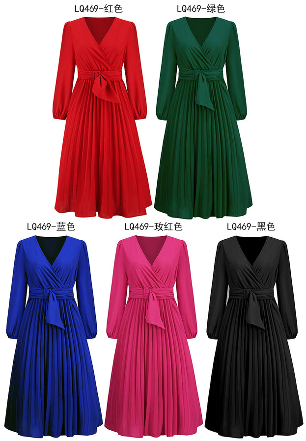 New Long-Sleeved Slim Pleated Belt V-Neck Dress