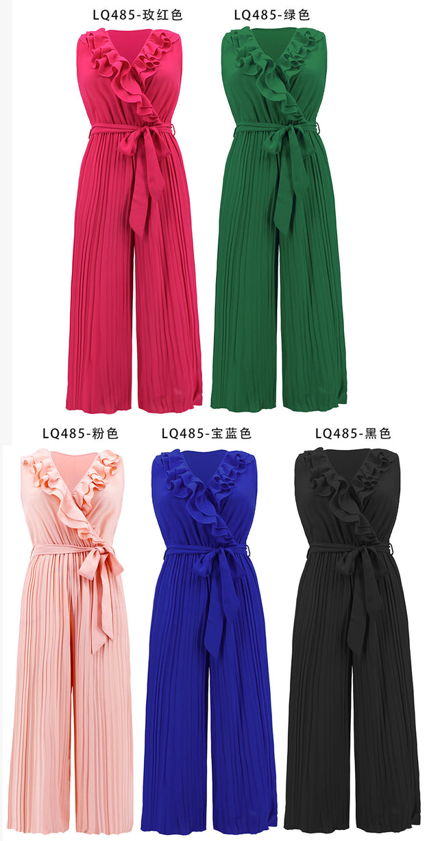 New Sleeveless V-Neck Pleated Pleated Jumpsuit with Lotus Leaf Lace