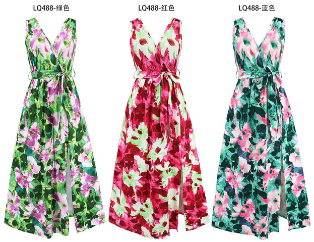 V-Neck Printed Long Boho Dress