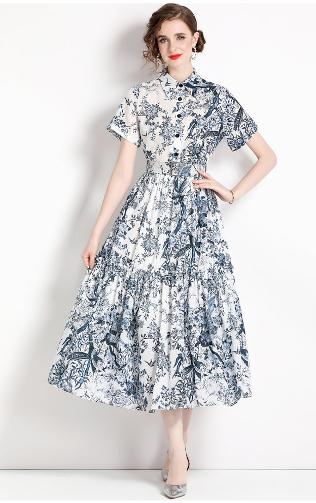New Women's Slim Mid-Length Printed Short-Sleeved Shirt Dress