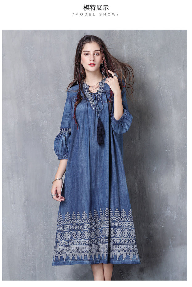 V-Neck Lace-Up Loose A-Line Large Size Temperament Denim Skirt 2023 Spring and Summer Embroidered Mid-Sleeve Vintage Dress
