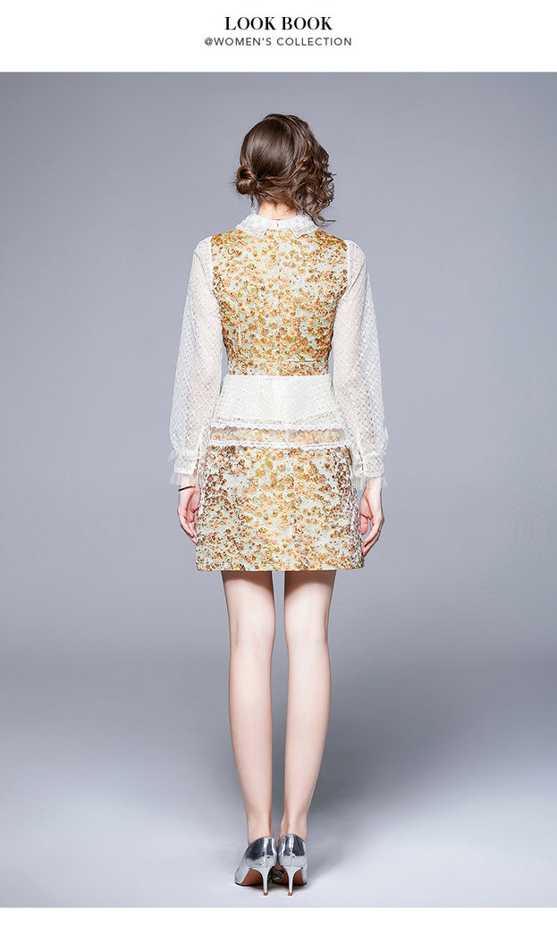 French Retro Palace Long-Sleeved Lace Top + A-Line Short Skirt Two-Piece Set