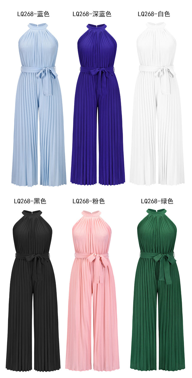 Sexy Hanging Neck Sleeveless Pleated One-Piece Pants