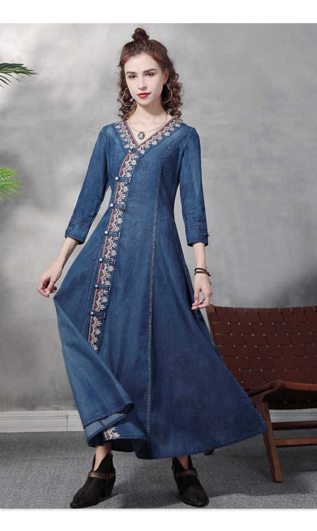 Slim Denim Skirt Vintage Embroidery V-Neck Coil Buckle Mid-Sleeve Dress