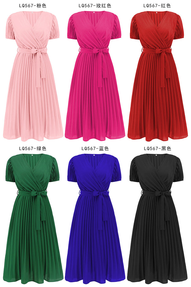 Summer's New V-Neck Pleated Skirt Slim Temperament Long Dress