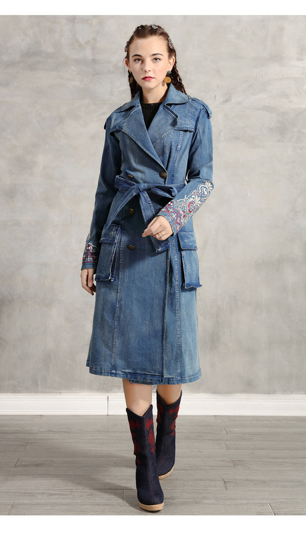 Embroidered Lapel Slim Women's Trench Coat Vintage Lapel Belt Fall Denim Coat