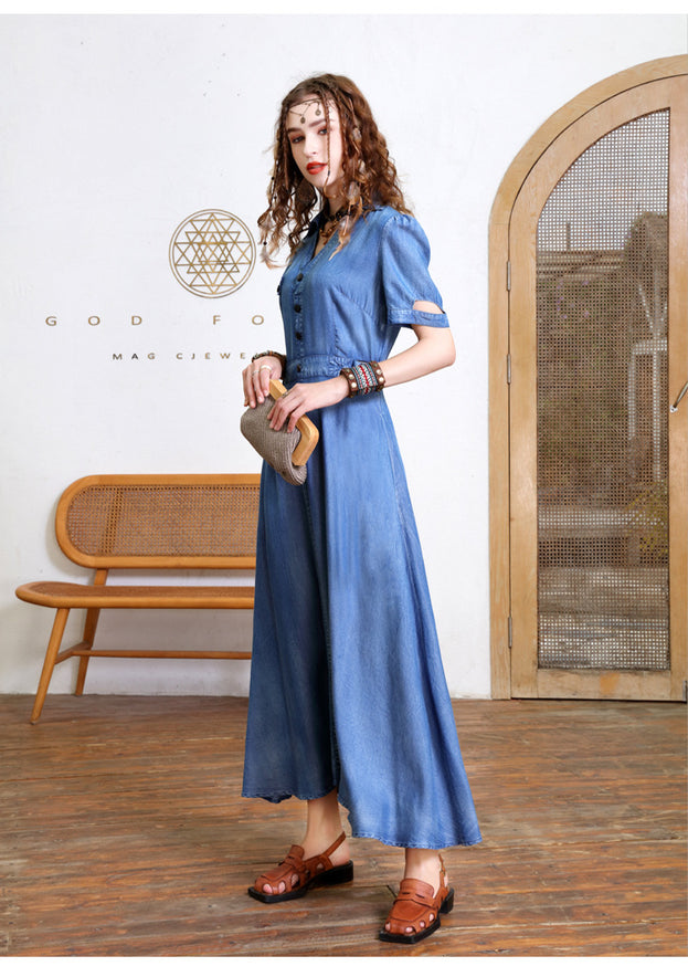 New Retro Waist Slimming Tensilk Jean Maxi French Temperament V-Neck Dress