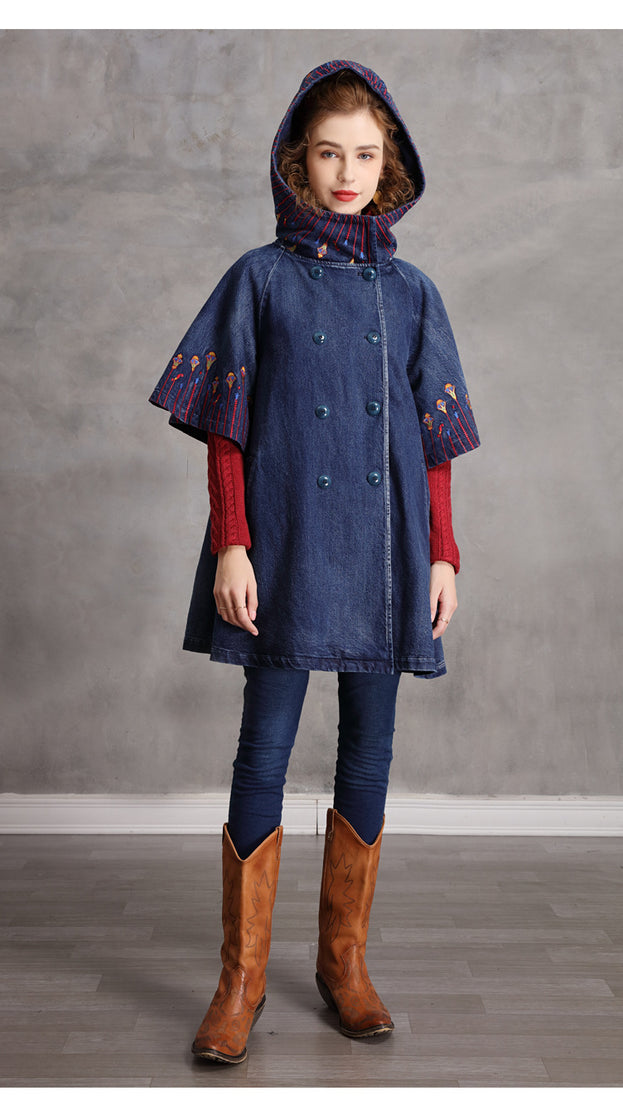 Embroidered Hooded Denim Coat Vintage Loose in a Stylish Doodle