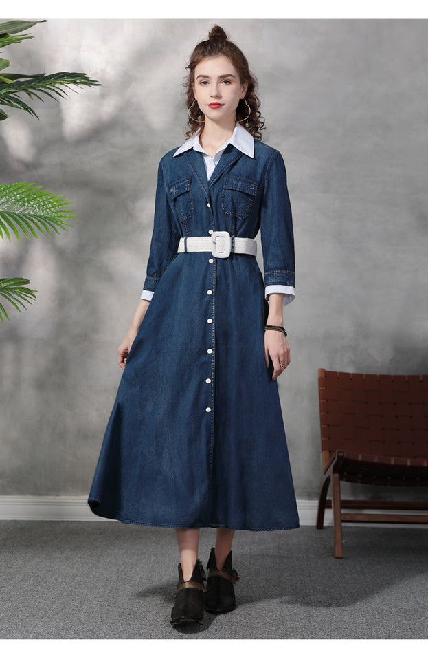 New Suit Neck Denim Dress Retro Temperament Slimming Waist Showing Fake Two Long Dresses