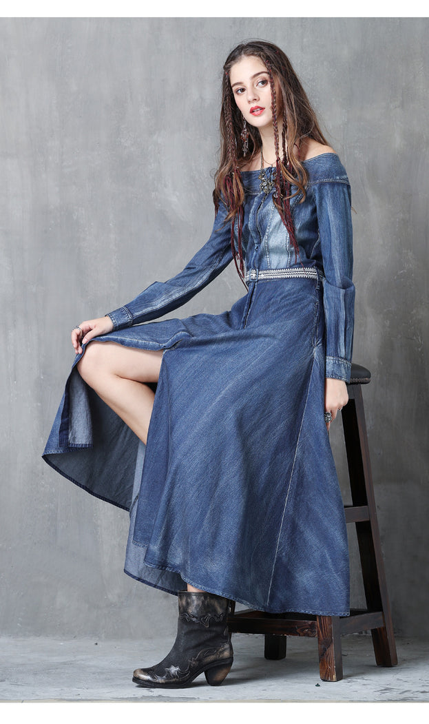 One-Line Neck Temperament Slim Belt Denim Long skirt 2023 Ancient Embroidery Long-Sleeved Autumn Dress