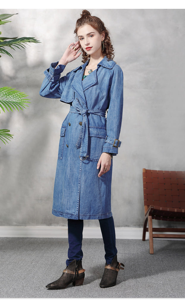 New Large Lapel Long Windbreaker Female Retro Loose Large Size Double-Breasted Denim Coat