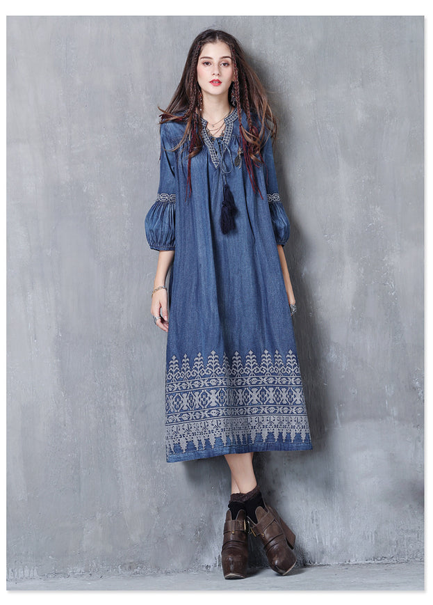 V-Neck Lace-Up Loose A-Line Large Size Temperament Denim Skirt 2023 Spring and Summer Embroidered Mid-Sleeve Vintage Dress