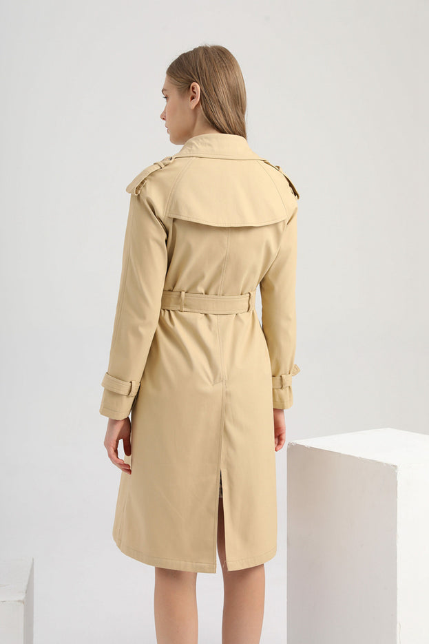 Long Waist Tucked Cotton Fashion Coat Long Sleeve Lapel Trench Coat