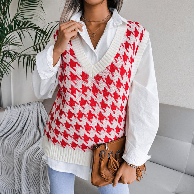 V-Neck Thousand Bird Plaid Casual Loose Knitted Vest Sweater Vest