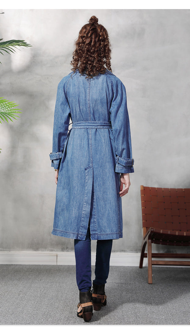 New Large Lapel Long Windbreaker Female Retro Loose Large Size Double-Breasted Denim Coat