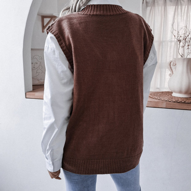 V-Neck Casual Loose Knitted Vest Sweater Vest
