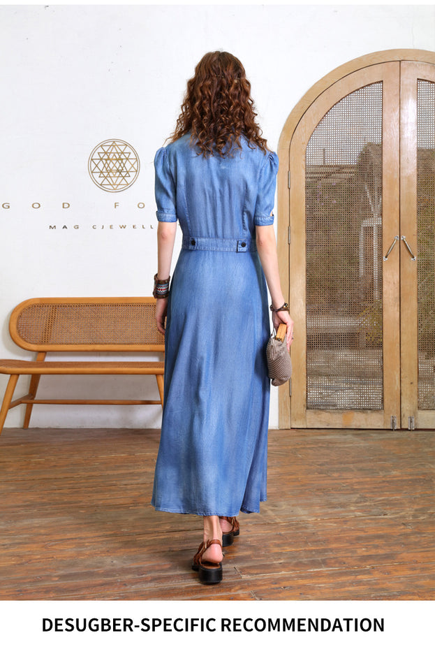New Retro Waist Slimming Tensilk Jean Maxi French Temperament V-Neck Dress