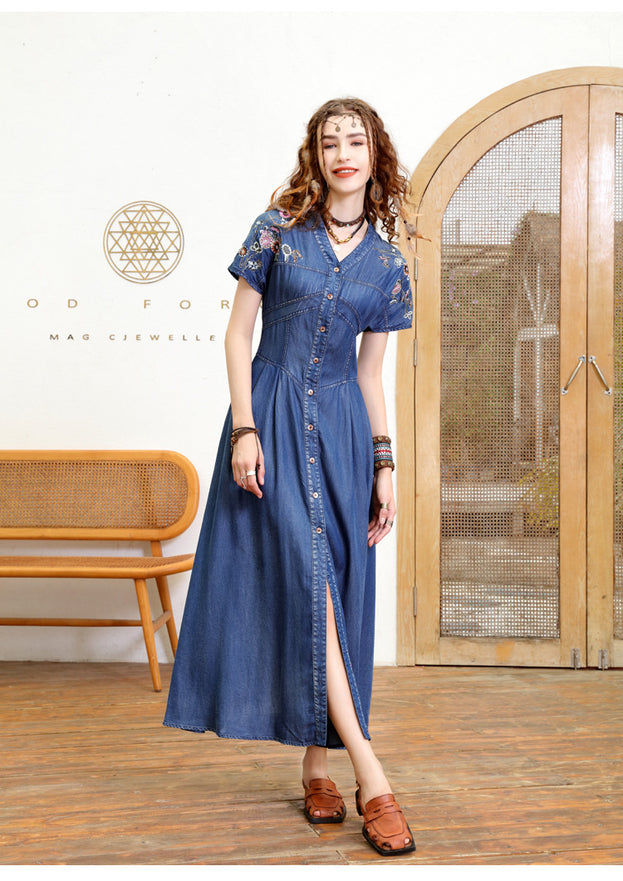 V-Neck Temperament Slimming Cardigan Dress 2023 Summer New Vintage Heavy Industry Embroidered Denim Long Skirt