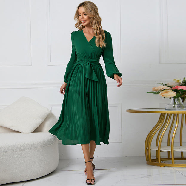 New Long-Sleeved Slim Pleated Belt V-Neck Dress