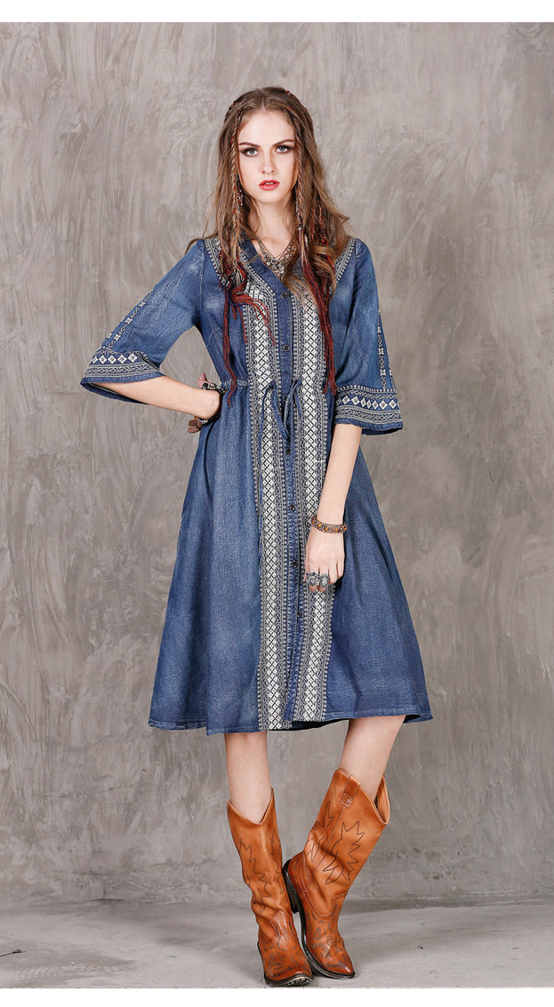 New Large Size Denim Skirt National Style Embroidery Drawstring Casual Dress