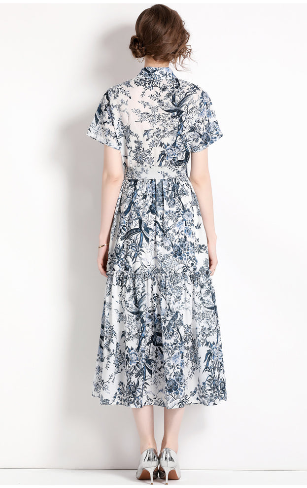 New Women's Slim Mid-Length Printed Short-Sleeved Shirt Dress