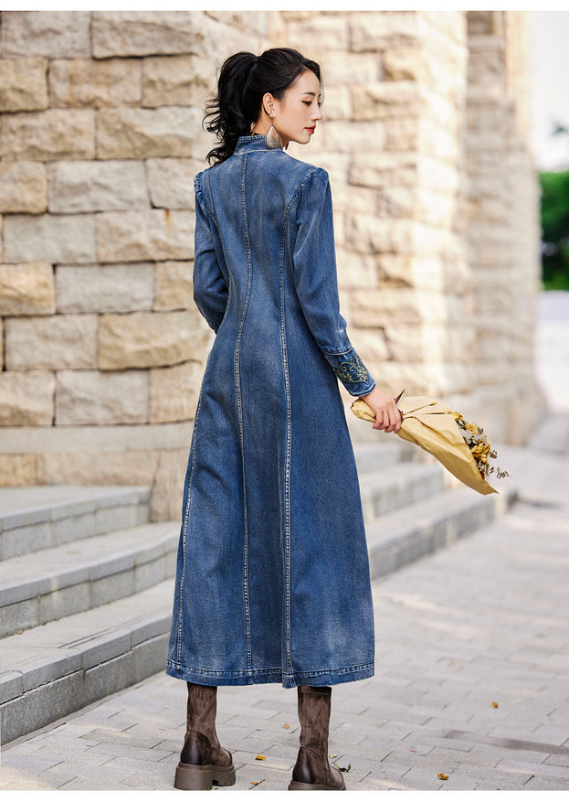 New Denim Maxi Embroidered Long-Sleeved Dress100% Cotton