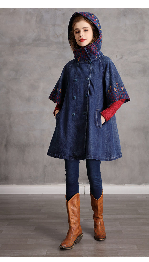 Embroidered Hooded Denim Coat Vintage Loose in a Stylish Doodle