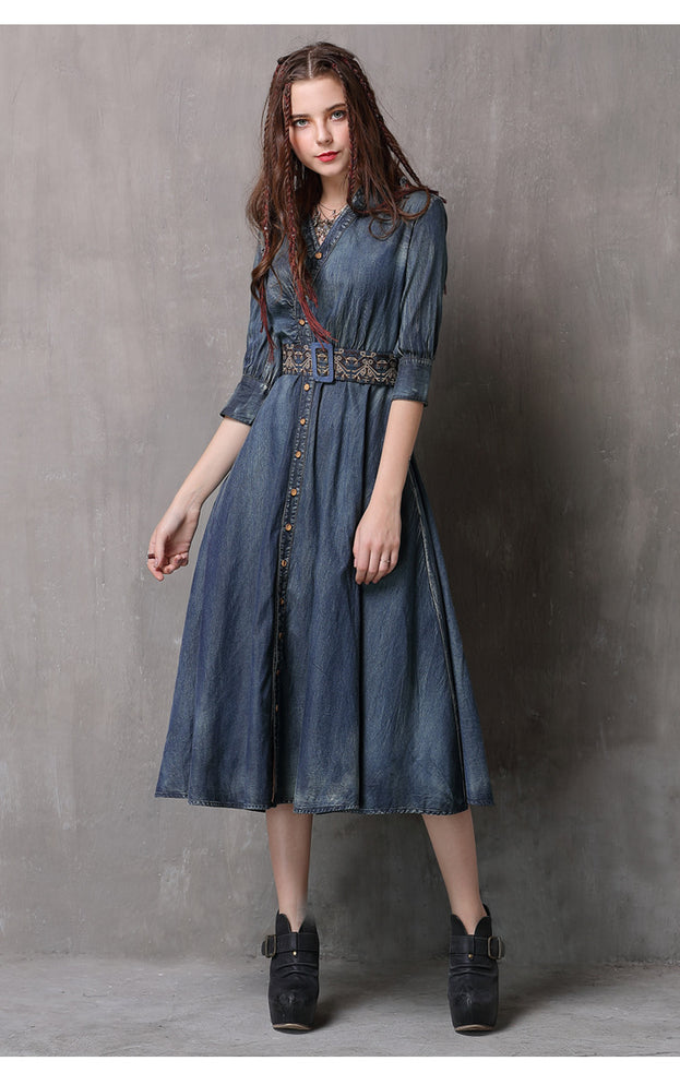 New Vintage Belt Embroidered Slimming Dress Irregular Draw Pleated Lapel Denim Skirt