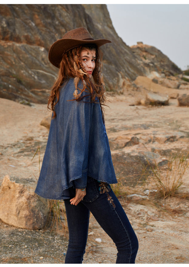 Vintage Heavy Industry Embroidery Loose Lapel Denim Top