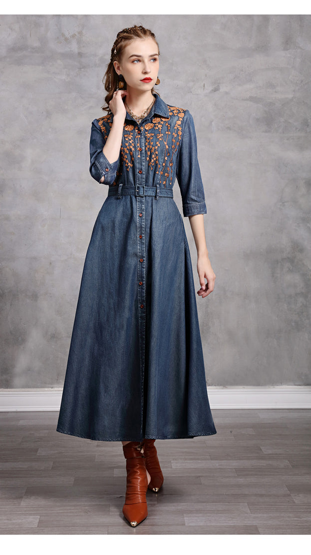 Lapel Temperament Slim Embroidered Denim Maxi Dress 2022 Vintage Mid-Sleeve New Slimming Dress