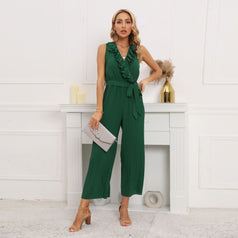 New Sleeveless V-Neck Pleated Pleated Jumpsuit with Lotus Leaf Lace