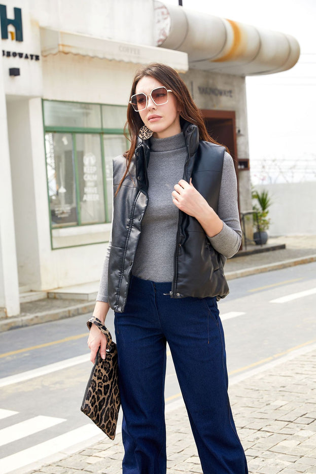 Women's Leather Vest Sleeveless Clip Cotton Zipper Cotton Suit Fashion Stand-Up Collar Coat