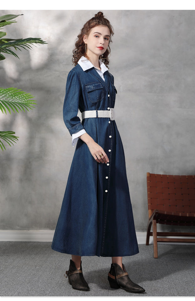 New Suit Neck Denim Dress Retro Temperament Slimming Waist Showing Fake Two Long Dresses
