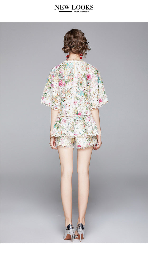 New Hollowed Out Embroidered Printed Top Shorts Loose Temperament Floral Two-Piece Set