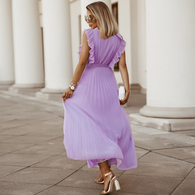 Fashion Slim Sexy Lotus Leaf Sleeve Chiffon Pleated Skirt Solid Color Dress