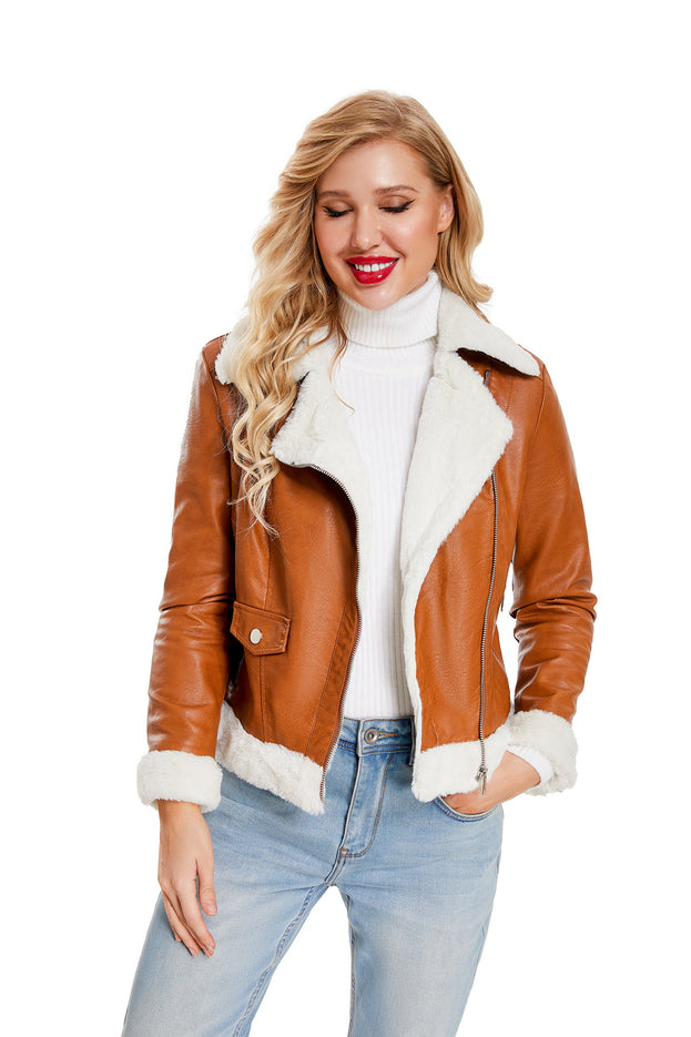 New Plus Fleece Leather Warm Long Sleeve Lapel Coat Commuter Casual Jacket