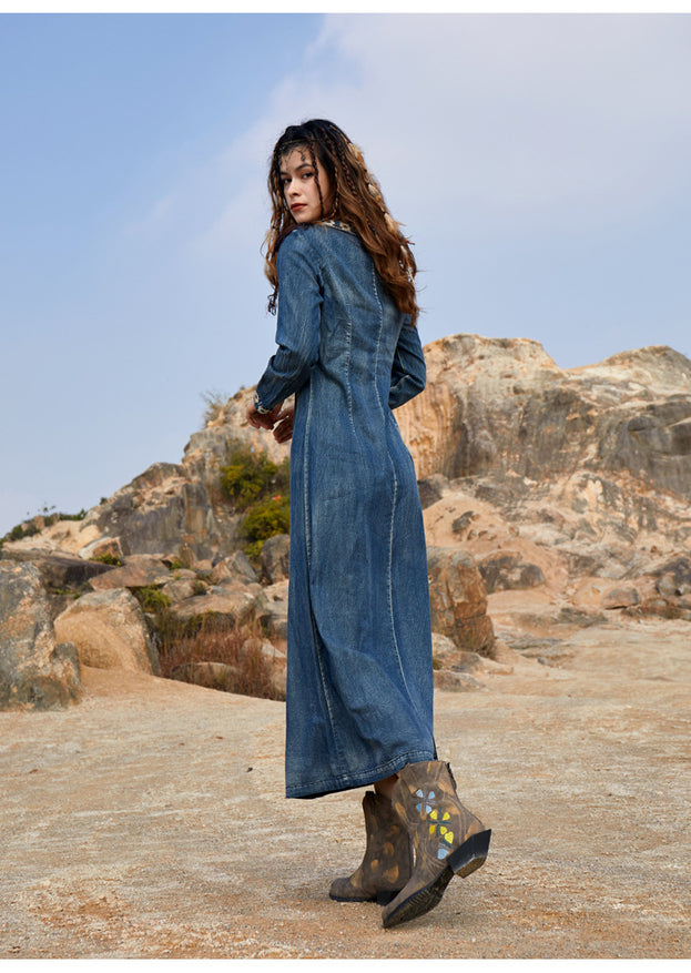 New Vintage Crewneck Denim Skirt Cheongsam Style Dress