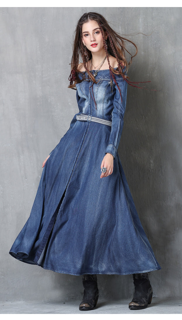 One-Line Neck Temperament Slim Belt Denim Long skirt 2023 Ancient Embroidery Long-Sleeved Autumn Dress