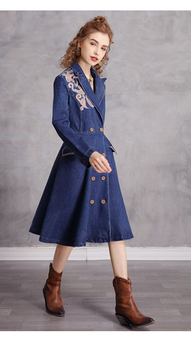 Vintage Embroidered Suit Collar Mid-Length Trench Coat