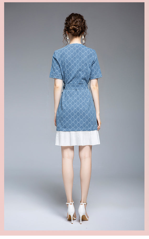 Pleated Lace-Up Waist Slimming Plaid Denim Skirt