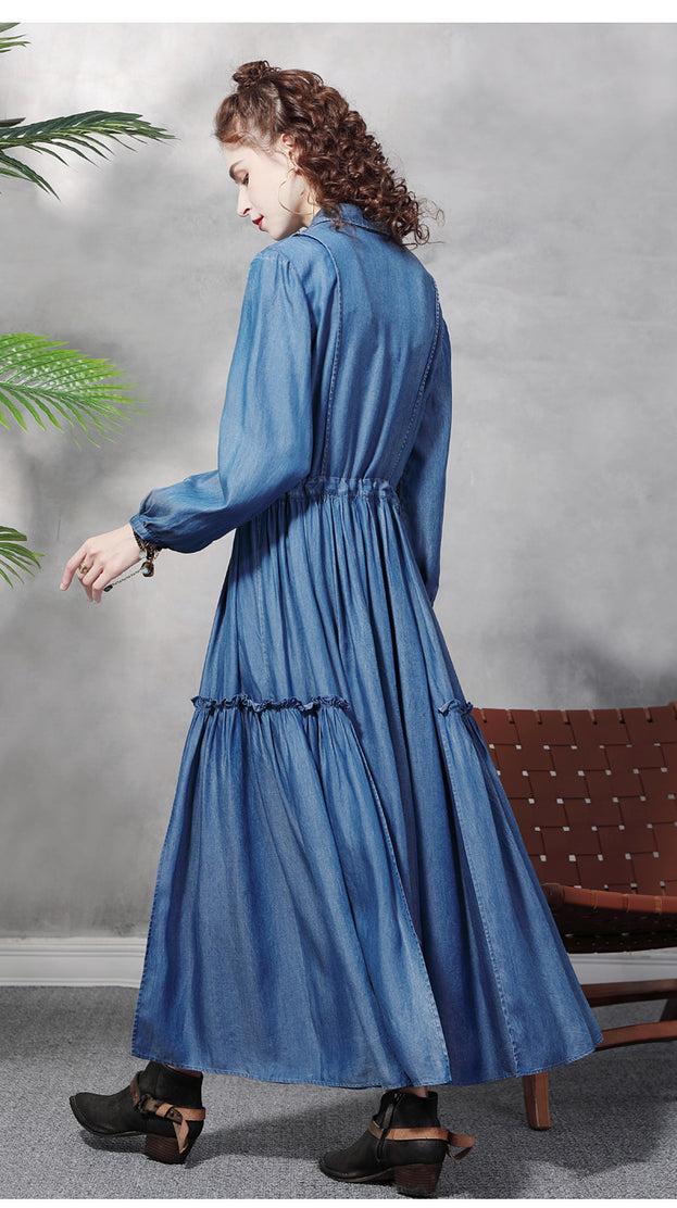 Long Sleeve Big Swing Embroidered Denim Dress