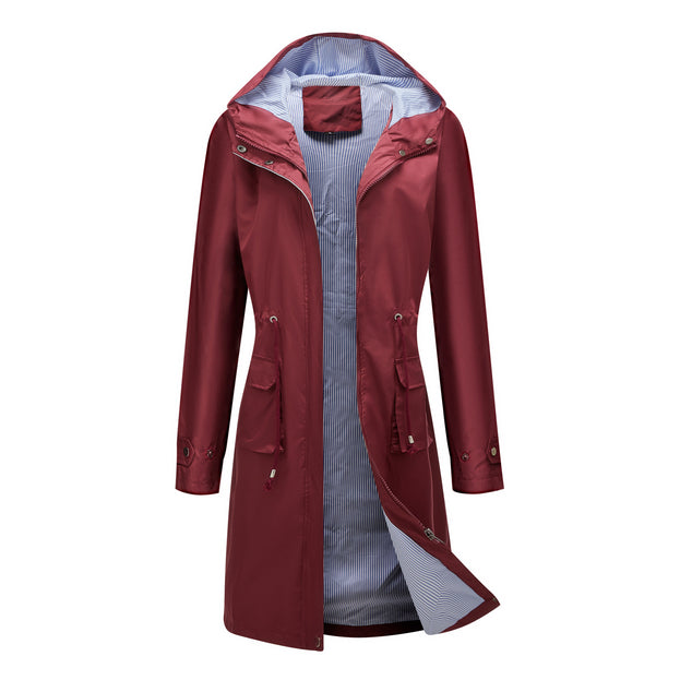 Long Casual Windbreaker Hooded Solid Color Top Striped Lining Straight Coat