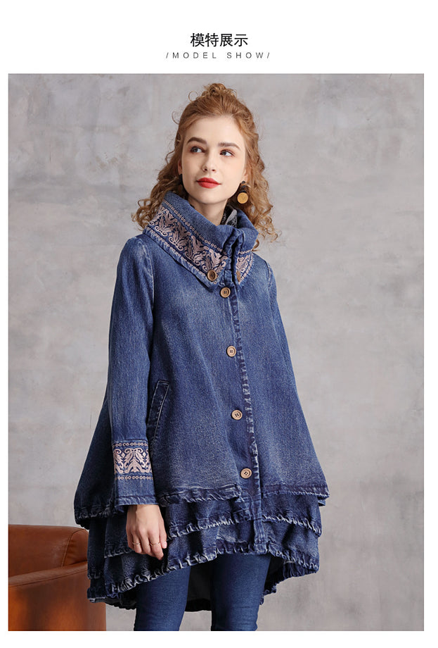 New Stand-Up Collar Denim Trench Coat Women's Vintage Embroidery Loose Mid-Length Coat
