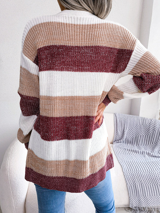 Contrasting Color Striped Lantern Sleeve Casual Cardigan Sweater Coat