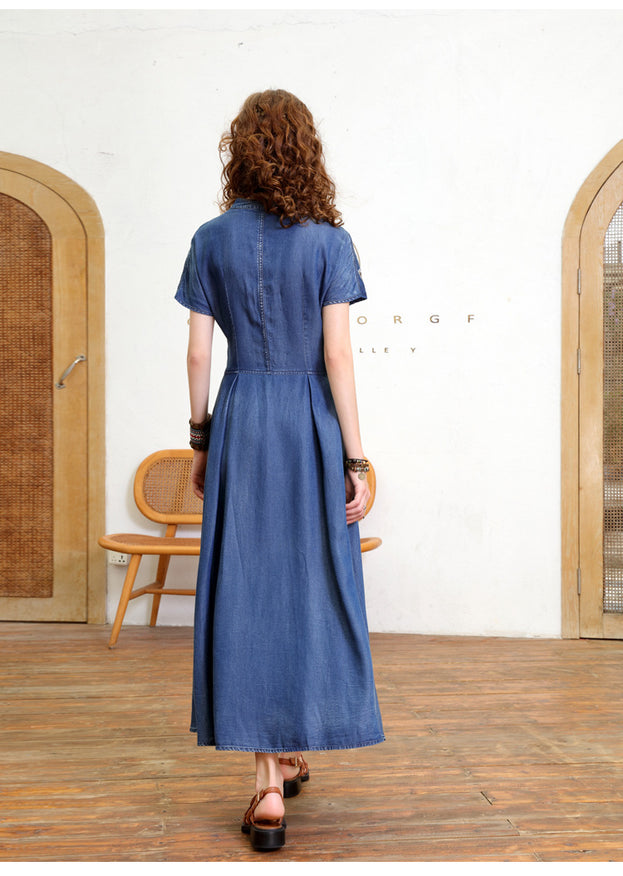 V-Neck Temperament Slimming Cardigan Dress 2023 Summer New Vintage Heavy Industry Embroidered Denim Long Skirt
