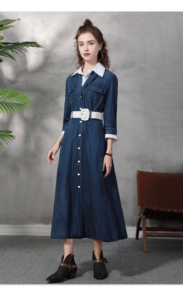 New Suit Neck Denim Dress Retro Temperament Slimming Waist Showing Fake Two Long Dresses