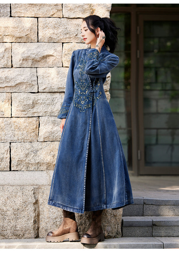 New Denim Maxi Embroidered Long-Sleeved Dress100% Cotton