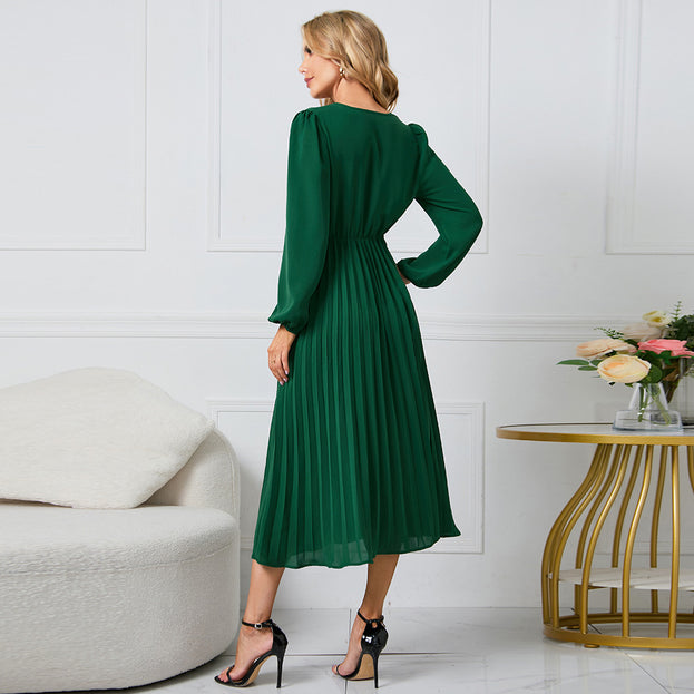 New Long-Sleeved Slim Pleated Belt V-Neck Dress