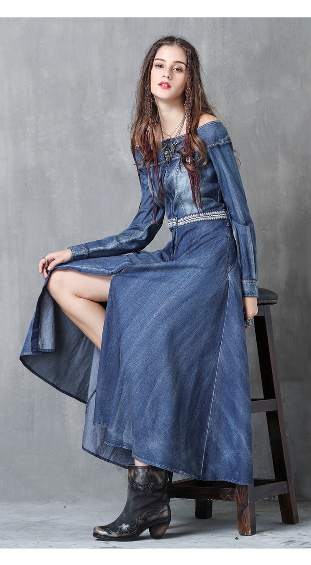 One-Line Neck Temperament Slim Belt Denim Long skirt 2023 Ancient Embroidery Long-Sleeved Autumn Dress